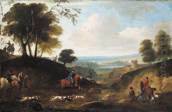 A Stag Hunt In An Extensive River Landscape Oil Painting by Jan Wyck