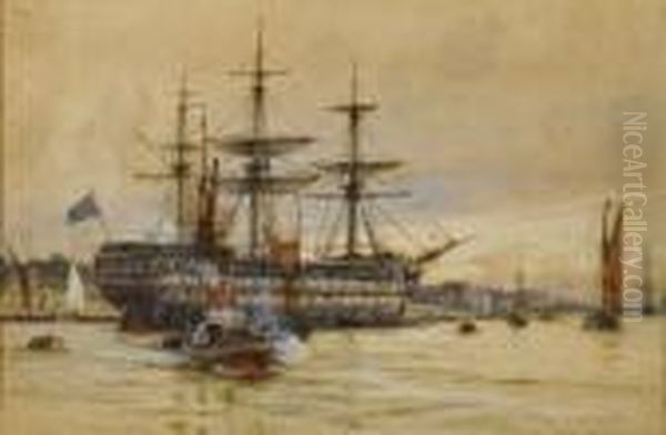 A Steam Powered Tug Oil Painting by Charles William Wyllie