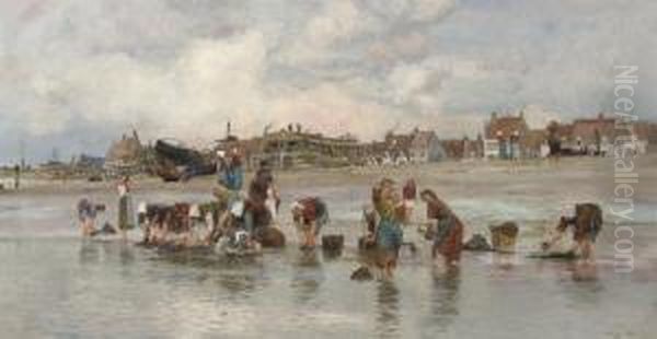 Washerwomen At The Water's Edge With Boats On The Stocks Beyond Oil Painting by Charles William Wyllie