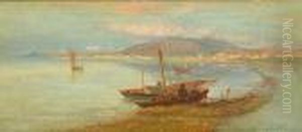 A Mediterranean Coastal Scene With A Figure In A Fishing Dinghy In The Foreground Oil Painting by Charles William Wyllie