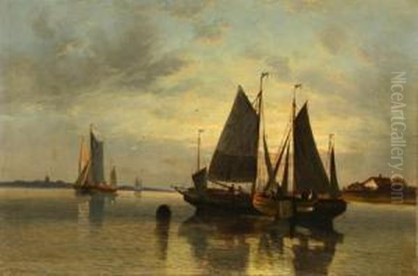 Fishing Boats In A Harbor At Sunset Oil Painting by Charles William Wyllie