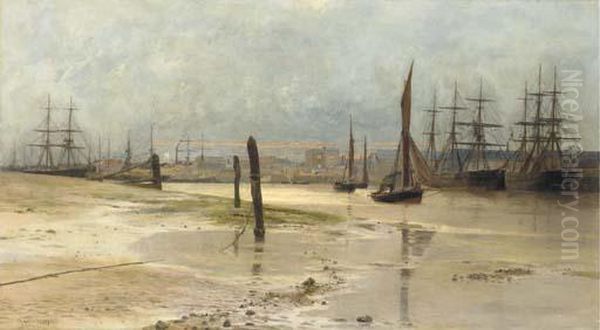 Shipping At Dawn, Woolwich Reach On The River Thames Oil Painting by Charles William Wyllie