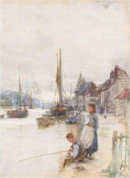 Fishing Off The Quayside Oil Painting by Charles William Wyllie