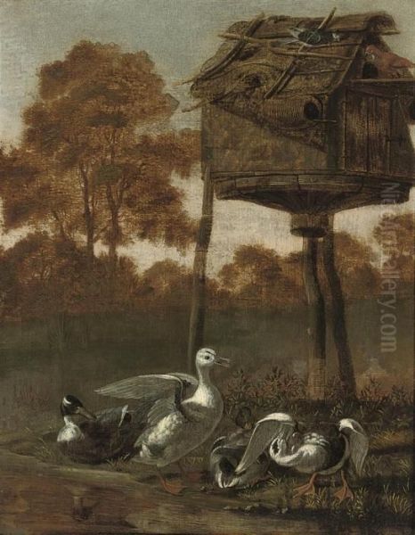 Ducks By A Stream With A Dovecote Oil Painting by Dirck Wyntrack