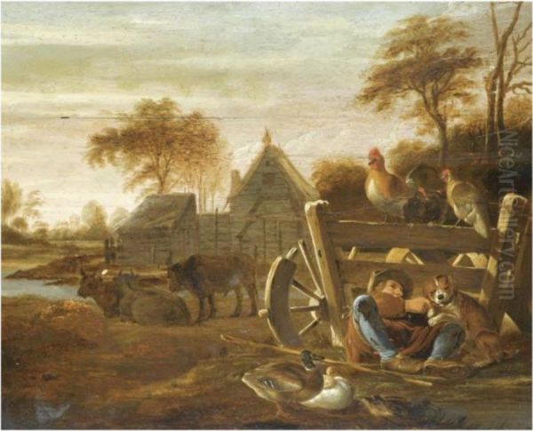 A Farmyard Scene With A Peasant Resting With A Dog In The Foreground Oil Painting by Dirck Wyntrack