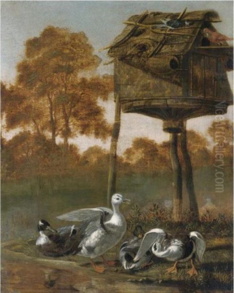 Ducks By A River With Other Birds Perched On A Birdhouse Oil Painting by Dirck Wyntrack