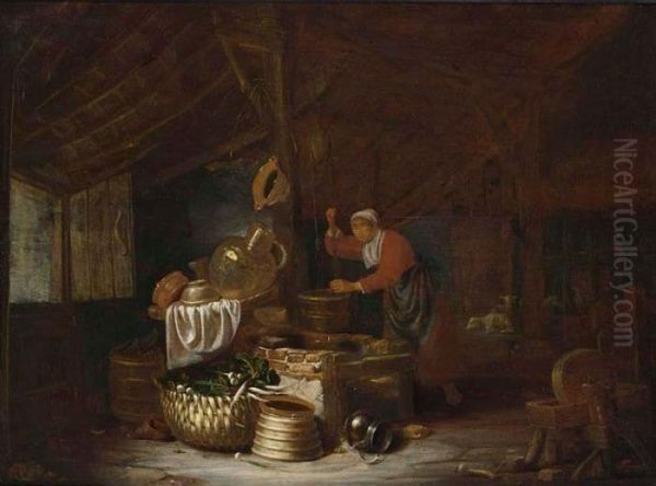 An Interior Of A Barn With A 
Maid Drawing Water From A Well, Near A Still Life Of A Copper Bowl, 
Earthenware Pots, A Barrel And Onions And Parsnips In A Basket, Sheep 
Beyond Oil Painting by Dirck Wyntrack