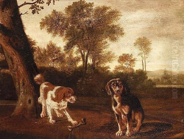 Two Dogs In A Landscape Oil Painting by Dirck Wyntrack