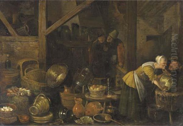 A Kitchen Interior With Peasants Oil Painting by Dirck Wyntrack