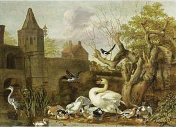 A Castle Moat With A Swan, 
Various Ducks And A Heron In The Foreground, And A Magpie In A Tree Oil Painting by Dirck Wyntrack