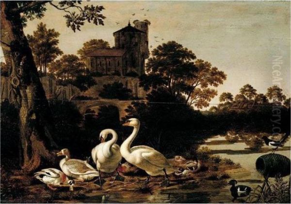 A River Landscape With Swans, 
Geese, Mallard, Tufted Duck And A Magpie, A Church On A Hill-top Beyond Oil Painting by Dirck Wyntrack