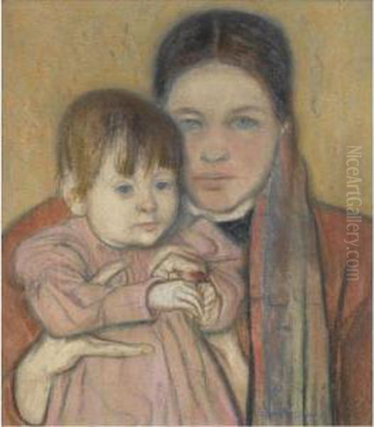 The Artist's Wife And Daughter Oil Painting by Stanislaw Wyspianski