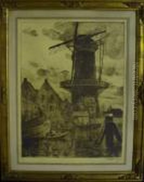 Hollands Zicht Met Windmolen Aan Het Water Oil Painting by Rodolphe Paul Wytsman