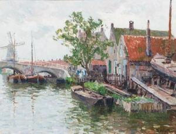 Boats In A Waterway In Overschie Oil Painting by Rodolphe Paul Wytsman