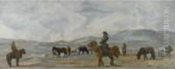 Mongolian Horsemen Oil Painting by Aleksandr Evgen'evich Iakovlev