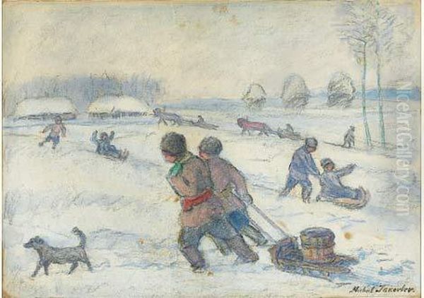 Jeux De Luges Dans La Neige Oil Painting by Mikhail Nikolaevich Yakovlev