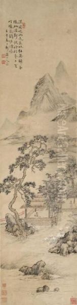 Composing Poems By A Bamboo Grove Oil Painting by Hua Yan