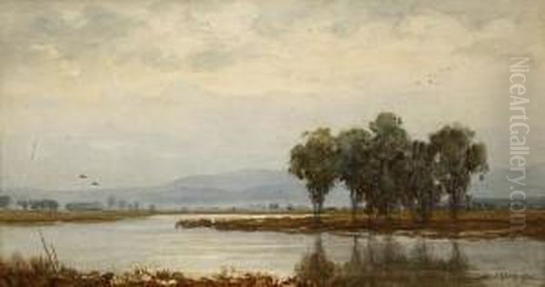 Lake In An Atmospheric Landscape Oil Painting by Sydney Jones Yard