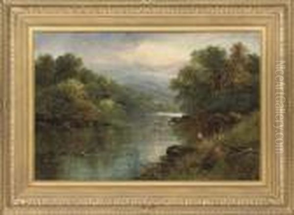 Fishing From The Riverbank Oil Painting by George B. Yarnold