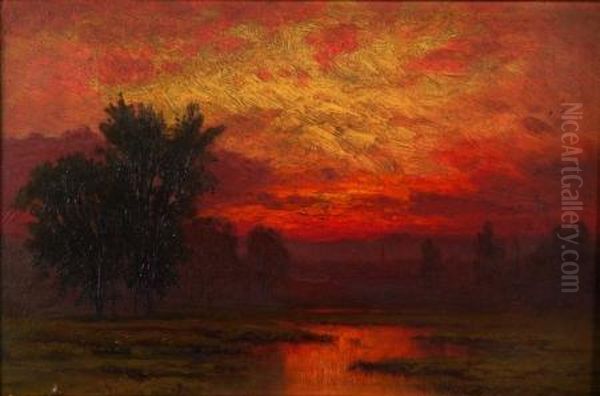 Marshland Sunset With Distant Steeple Oil Painting by Raymond Dabb Yelland