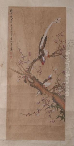 Birds, Prunus Tree And Bamboo Oil Painting by Ren Yi