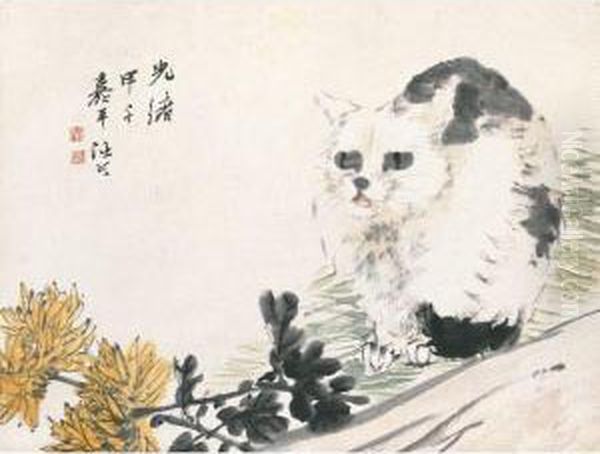 Chrysanthemum And Cat Oil Painting by Ren Yi