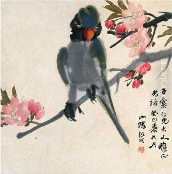 Parrot Perching On A Flowering Branch Oil Painting by Ren Yi