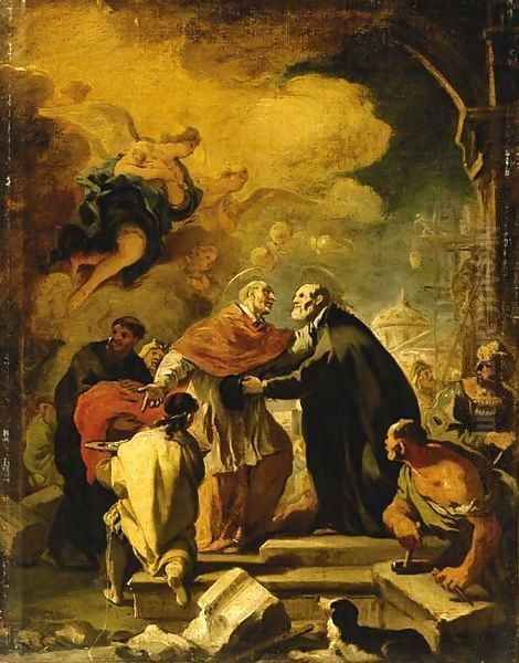 The meeting of Saint Carlo Borromeo and Saint Filippo Neri Oil Painting by Luca Giordano