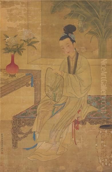 A Beauty With A Fan Oil Painting by Tang Yin