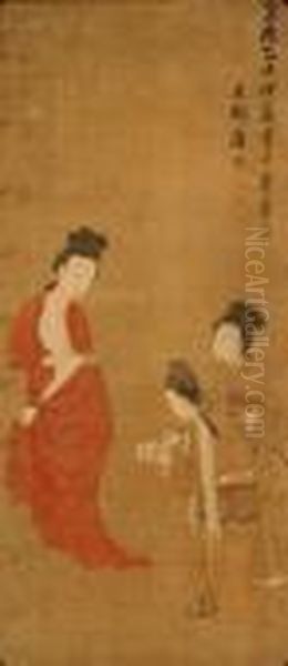 Court Lady With Two Attendants: Oil Painting by Tang Yin