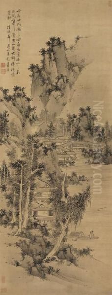 Landscape In The Style Of Wu Zhen Oil Painting by Lan Ying