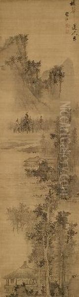 Landscape After Wu Zhen Oil Painting by Lan Ying