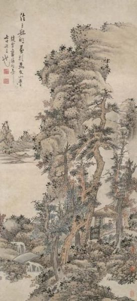 Landscape After Wang Meng Oil Painting by Lan Ying