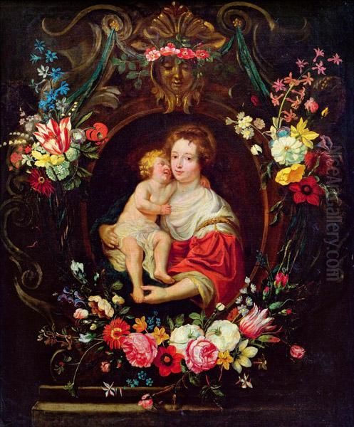 Madonna Mit Kind In Blumenkartusche Oil Painting by Frans Ykens