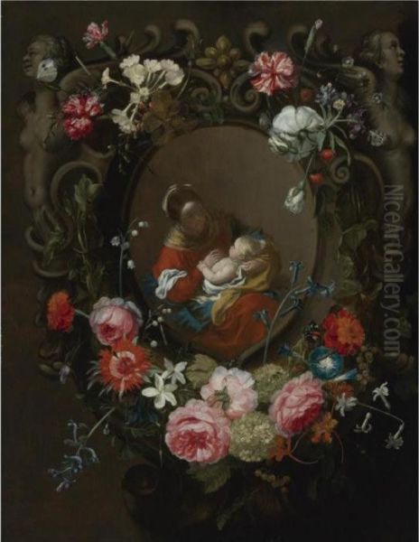 The Virgin And Child Surrounded By A Cartouche Of Floralgarlands Oil Painting by Frans Ykens