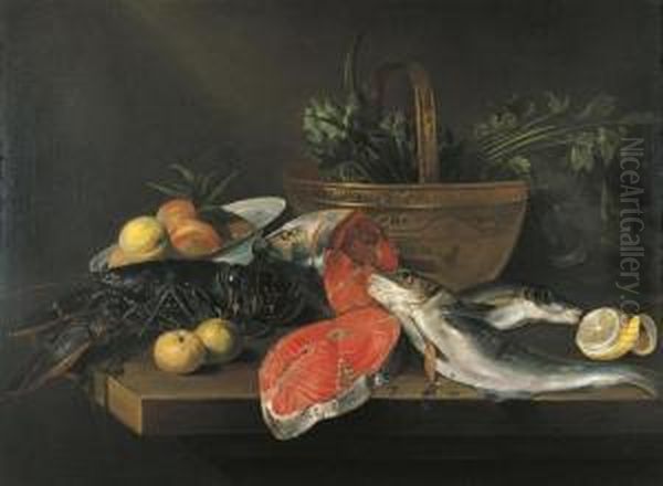 Still Life With Lobster, Salmon,
 Peeled Lemon And Fruits In A Bowland Vegetables In A Copper Basket On A
 Table. Oil Painting by Frans Ykens