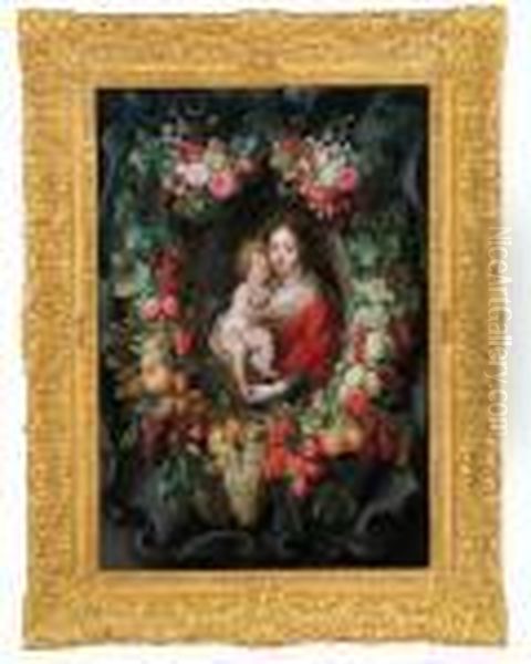 Maria Con Gesu Bambino In Una Corona Di Fiori E Frutta Davanti A Un Festone In Pietra Oil Painting by Frans Ykens