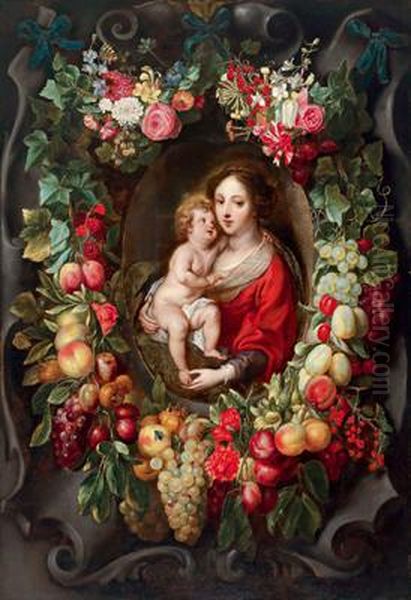 Maria Con Il Bambino In Una Corona Di Fiori E Di Frutta Accanto A Un Cartiglio Di Pietra Oil Painting by Frans Ykens