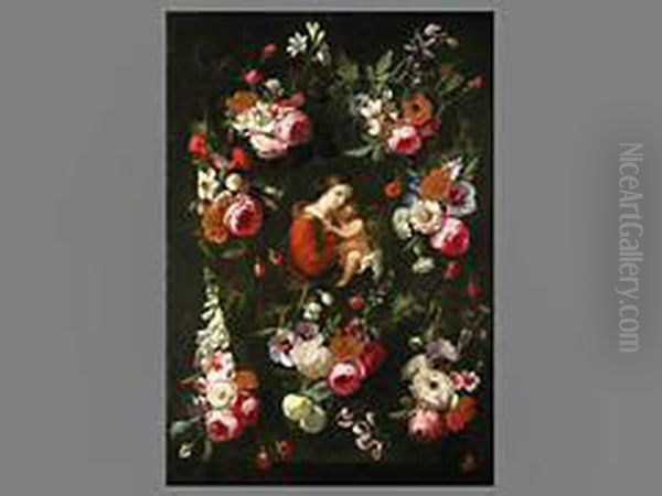 Mutter Gottes In Blumenkranz Oil Painting by Frans Ykens