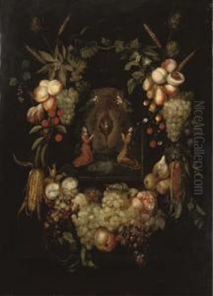 A Garland Of Fruits Surrounding A Niche With Angels Worshipping Themonstrance Oil Painting by Frans Ykens