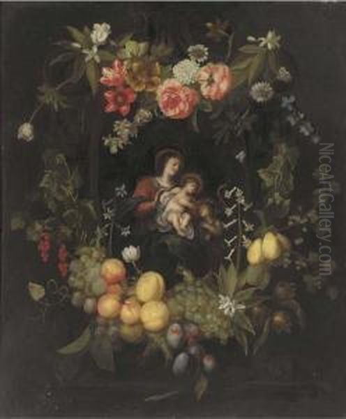 The Virgin And Child Surrounded By A Cartouche Of Flowers Andfruit Oil Painting by Frans Ykens