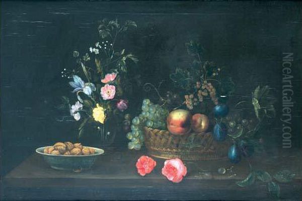 Nature Morte De Fleurs Et Fruits Sur Un Entablement Oil Painting by Frans Ykens