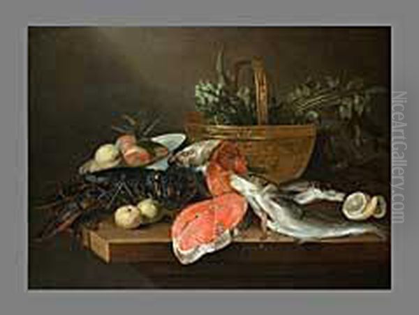 Grosses Stilleben Mitfischen, Hummer, Artischocken Und Fruchten Oil Painting by Frans Ykens