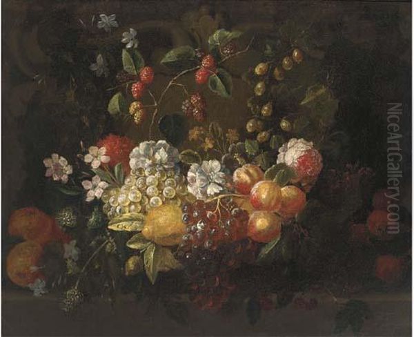 A Swag Of Grapes, Peaches, 
Lemons, Gooseberries, Raspberries, Arose And Other Mixed Flowers Over A 
Ledge Oil Painting by Frans Ykens