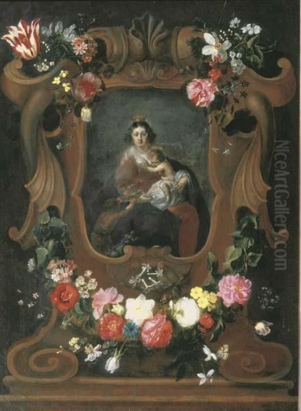 The Virgin And Child With The 
Young Saint John The Baptist, Surrounded By A Cartouche With Floral 
Garlands Oil Painting by Frans Ykens