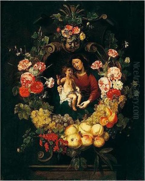 A Still Life Of A Garland Of Fruit And Flowers Around The Virgin And Child Oil Painting by Frans Ykens