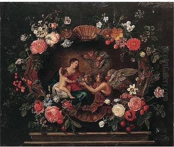 The Virgin And Child Attended By
 Angels, Within A Cartouche Adorned With Fruit And Flowers Oil Painting by Frans Ykens