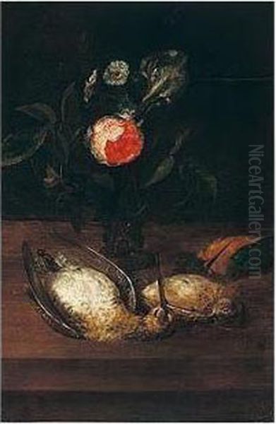 Still Life Of A Rose And Iris In
 A Roemer, Together With A Kingfisher, A Thrush And A Snipe, Upon A 
Table Top Oil Painting by Frans Ykens