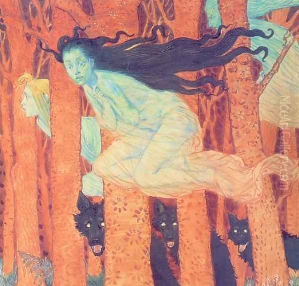 Three Women and Three Wolves Oil Painting by Eugene Grasset