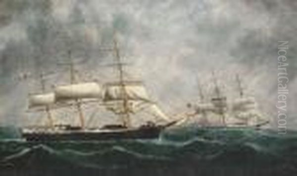 The American Clipper Caravan 
Rendering Assistance To A British Full-rigger In Mid-atlantic Oil Painting by William Howard Yorke